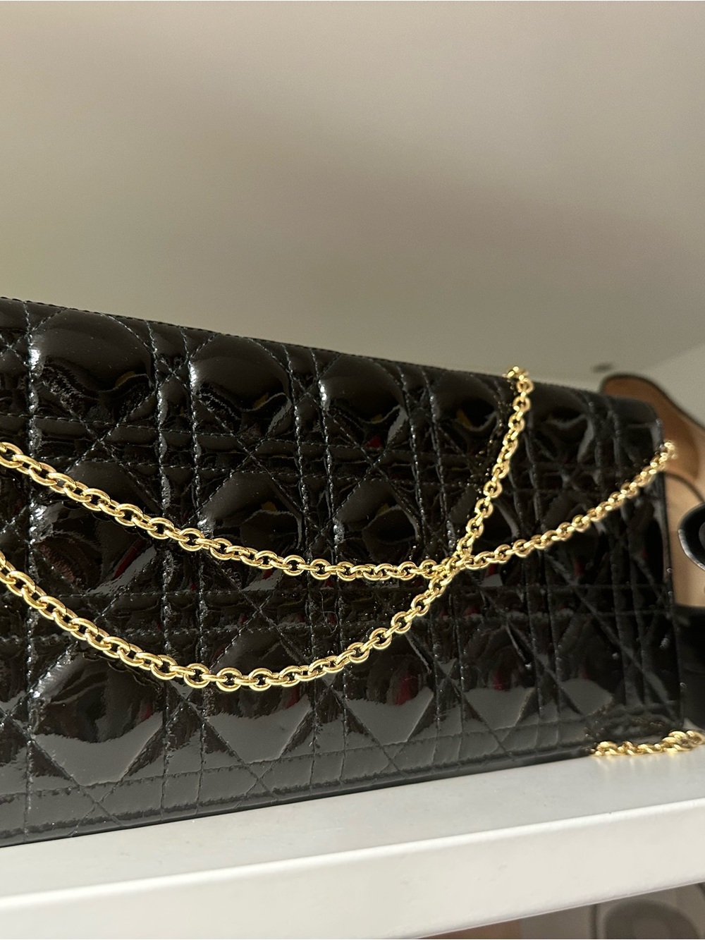 Dior Black Cannage Patent Leather Lady Dior Chain Clut